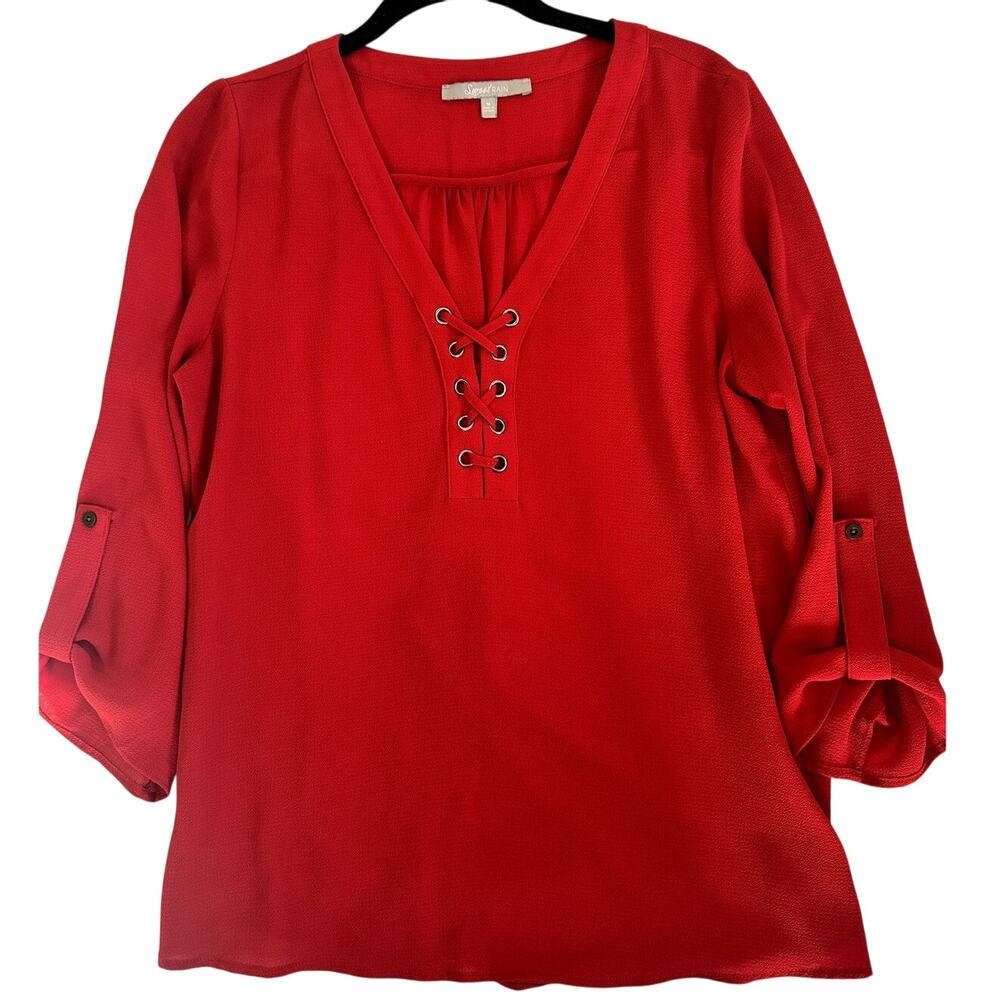 Sweet Rain Red Lace Up Blouse Womens M Boho Peasant 3/4 Sleeve Top